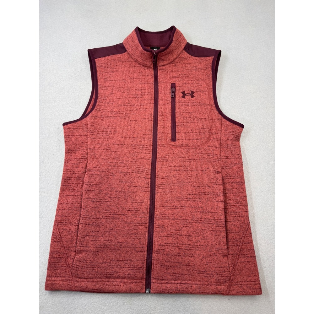 Under Armour Mens Small Fleece Vest Full Zip Heather Red Burgundy Mock Neck